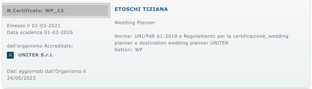 Tiziana Etoschi Wedding Planner certificata Accredia Uniter